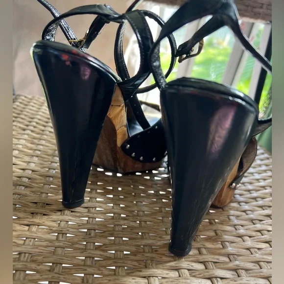 Vintage 70s SWEET DREAMS by CHEROKEE leather wood heels navy 7-7.5 sling back - Picture 6 of 6